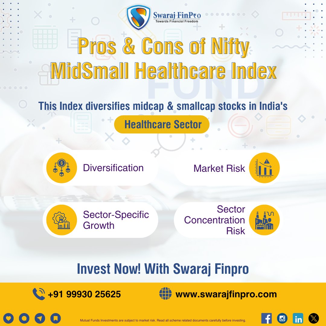 Investing in Nifty MidSmall Healthcare Index can provide exposure to mid and small cap healthcare companies with growth potential. Invest Now! With Swaraj Finpro
#mutualfunds #investing #wealthbuilding #financialplanning #indexfunds
🌐swarajfinpro.com
📞𝟗𝟗𝟗𝟑𝟎𝟐𝟓𝟔𝟐5