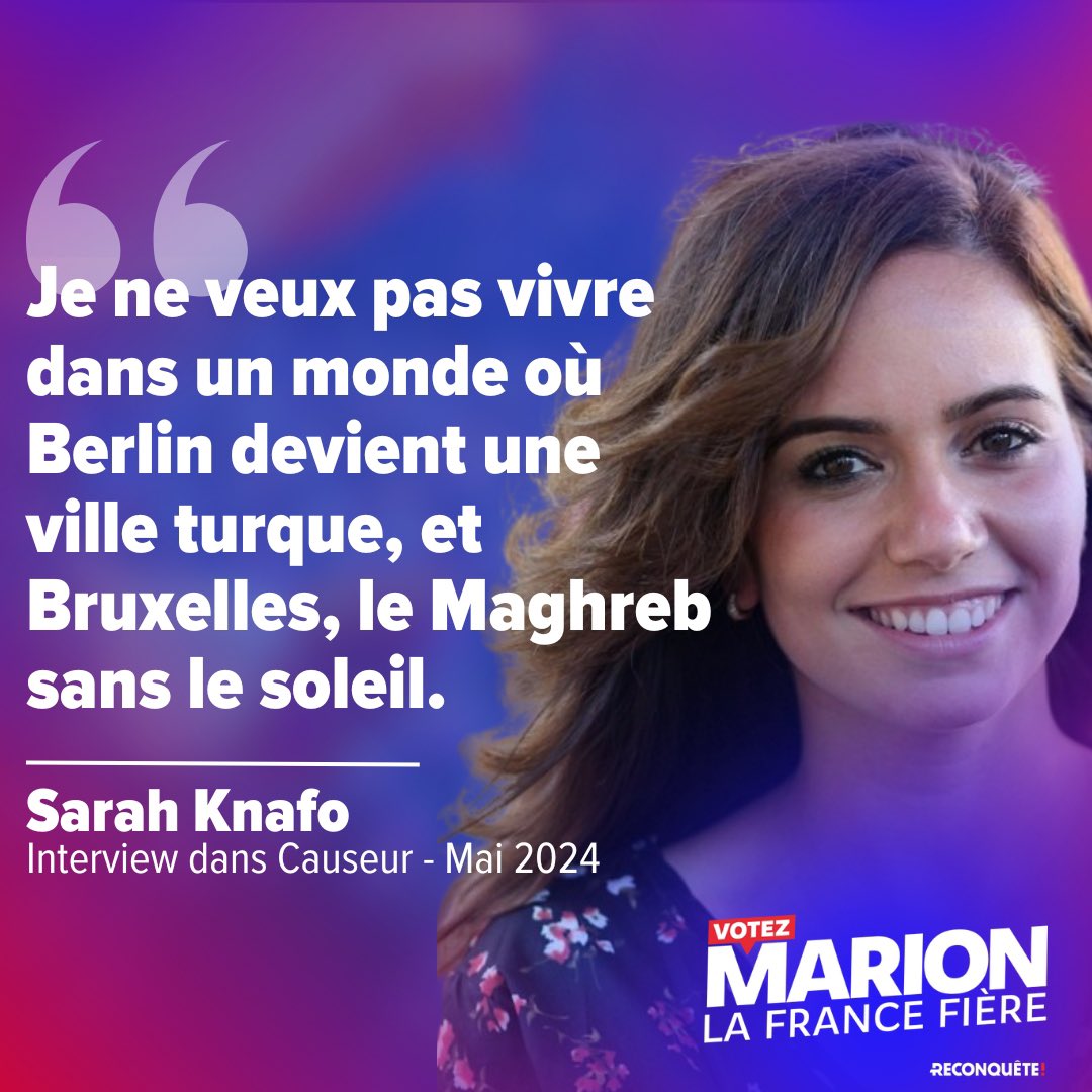 Pour que la France reste française et l’Europe européenne.

📰 Retrouver l’excellente interview de Sarah Knafo dans Causeur. 👇

causeur.fr/sarah-knafo-le…

#VotezMarion #SarahKnafo