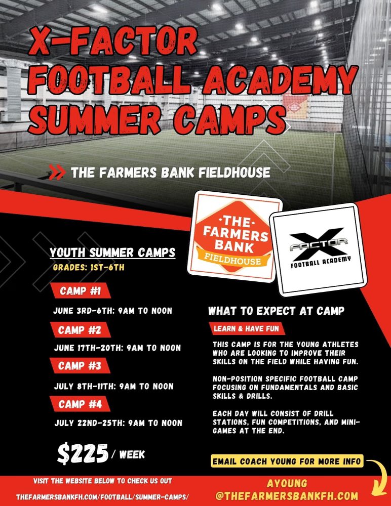 🏈X-Factor Football Academy Summer Camps🏈 Come learn and compete on the turf this summer with @xfactorQB West! This camp is designed to help players of all skill levels develop their abilities (passing, running, and tackling & more). Registration: lebanonfh.leagueapps.com/camps/4171441-…