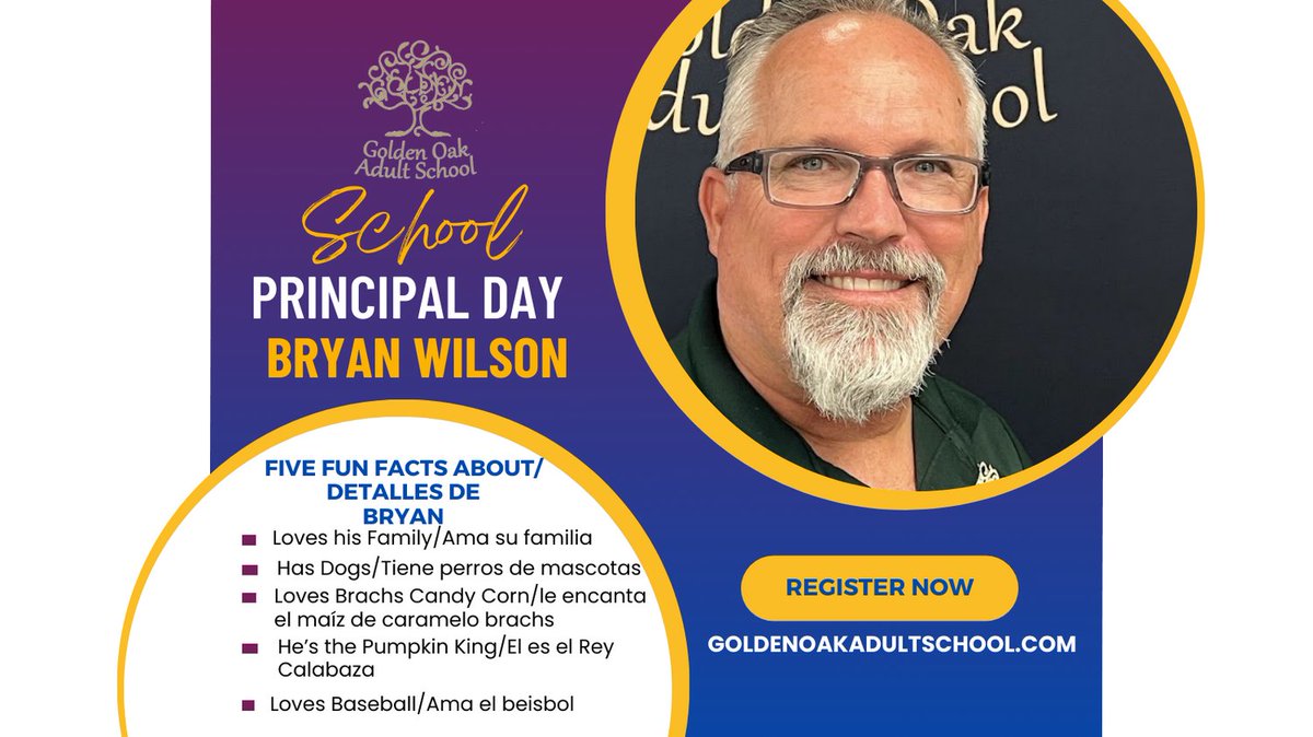 Today is School Principals Day. Meet Bryan Wilson Golden Oak Adult School Principal. 

#Principal #PumpkinKing #GOAS #GoldenOakAdultSchool #SCV #SantaClarita #SantaClaritaValley #Hart #PrincipalDay #Director #TheGOAT #adulted #adulteducation #adultschool #nightSchool