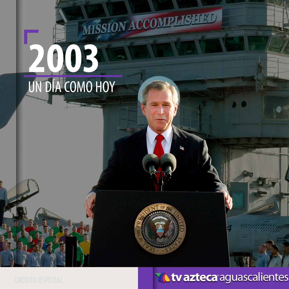 A bordo del portaaviones USS Abraham Lincoln, el presidente George W. Bush pronunció su famoso discurso 'Misión cumplida', marcando oficialmente el fin de la Invasión a Irak de 2003. 🇺🇸✈️ #MisiónCumplida #GeorgeWBush #Irak