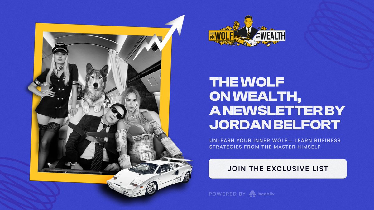 introducing The Wolf on Wealth: a beehiiv newsletter by Jordan Belfort, @wolfofwallst 👏 learn how to build massive wealth and live a more empowered life through his battle-tested business strategies you might even learn how to sell a pen... get it in your inbox every week👇
