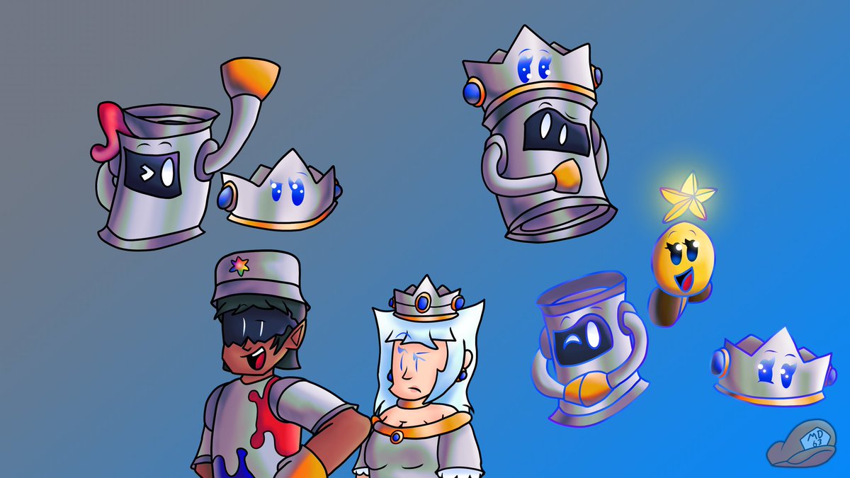 Huey and Kersti doodles(oh yea and starlows there too) Idk I got some inspiration from a piece I saw a couple days ago to doodle the annoying crown and funny paint bucket. #mario #ArtistOnTwitter #papermario