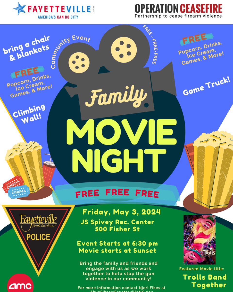 Are your kids a fan of Trolls the Movie? If so, great news! The @FayettevillePD will be hosting a Family Movie Night on May 3 at the J.S. Spivey Recreation Center starting at 6:30 p.m. A whole evening of Popcorn, drinks, ice cream, games & a movie. Oh, yes.. It's FREE!