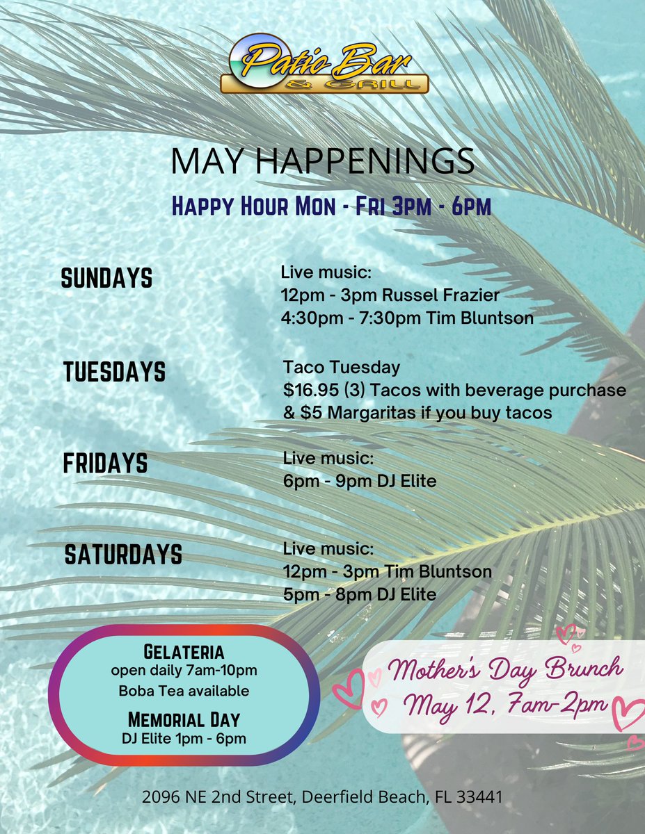 Weekends are filled with entertainment at Patio Bar & Grill. New entertainers and times have been added to their May line up. Stop by for drinks, food and great time. 🌴🎶🍹

#mayhappenings #may  #music #broward #deerfieldbeach #everyoneunderthesun #bocachamber #ftlchamber