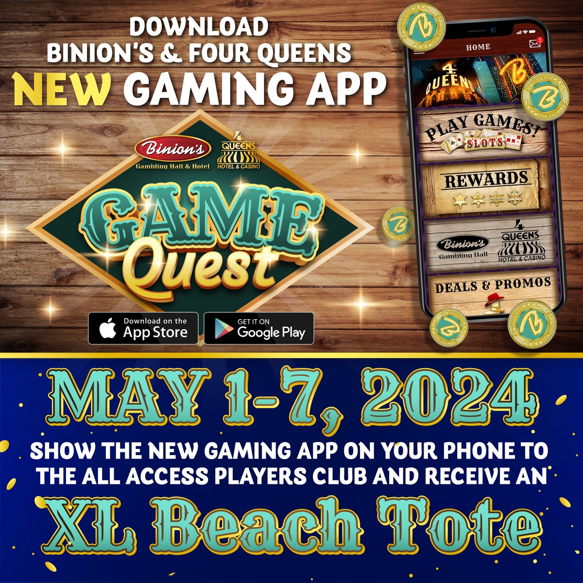 The New Game Quest App is available NOW! 🤠 And as an added bonus, this week if you show your new app at the All Access Players Club you will receive an XL Beach Tote. See All Access Players Club for more information. #FourQueens #Binions