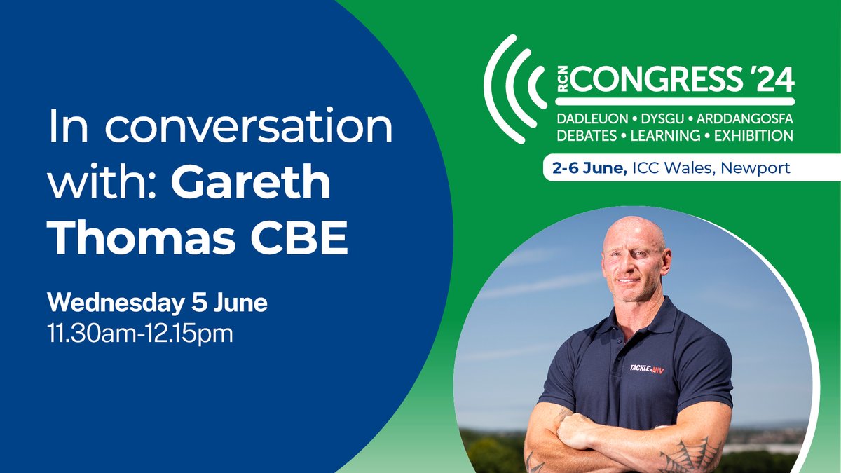 Catch Welsh sporting legend @gareththomas14 at #RCNC24.

Gareth will be discussing his personal journey with HIV, the stigma that still surrounds it, and why he founded the @TackleHIV campaign.

Book your place today: rcn.org.uk/congress