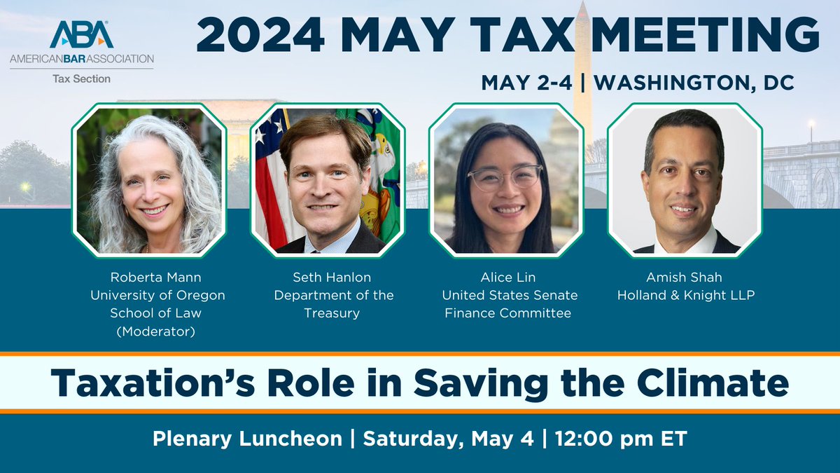Join us on Saturday, May 4 for 'Taxation's Role in Saving the Climate.' The panel will discuss the current and future impact that recent tax legislation has made on addressing the climate crisis.

Register now: events.americanbar.org/9XAAoL?Refid=S…

#Tax #TaxLaw #TaxCLE #TaxLawyer #24TaxMay
