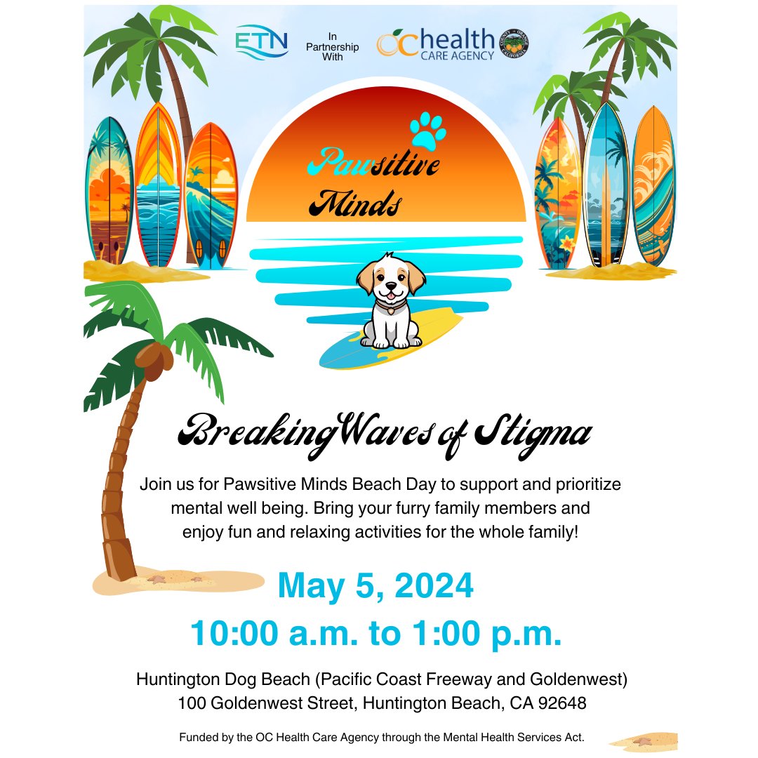 Join us for Pawsitive Minds Beach Day to support and prioritize mental well being. Bring your furry family members and enjoy fun and relaxing activities for the whole family! #MentalHealthMatters @cityofhbpio @etninfusion