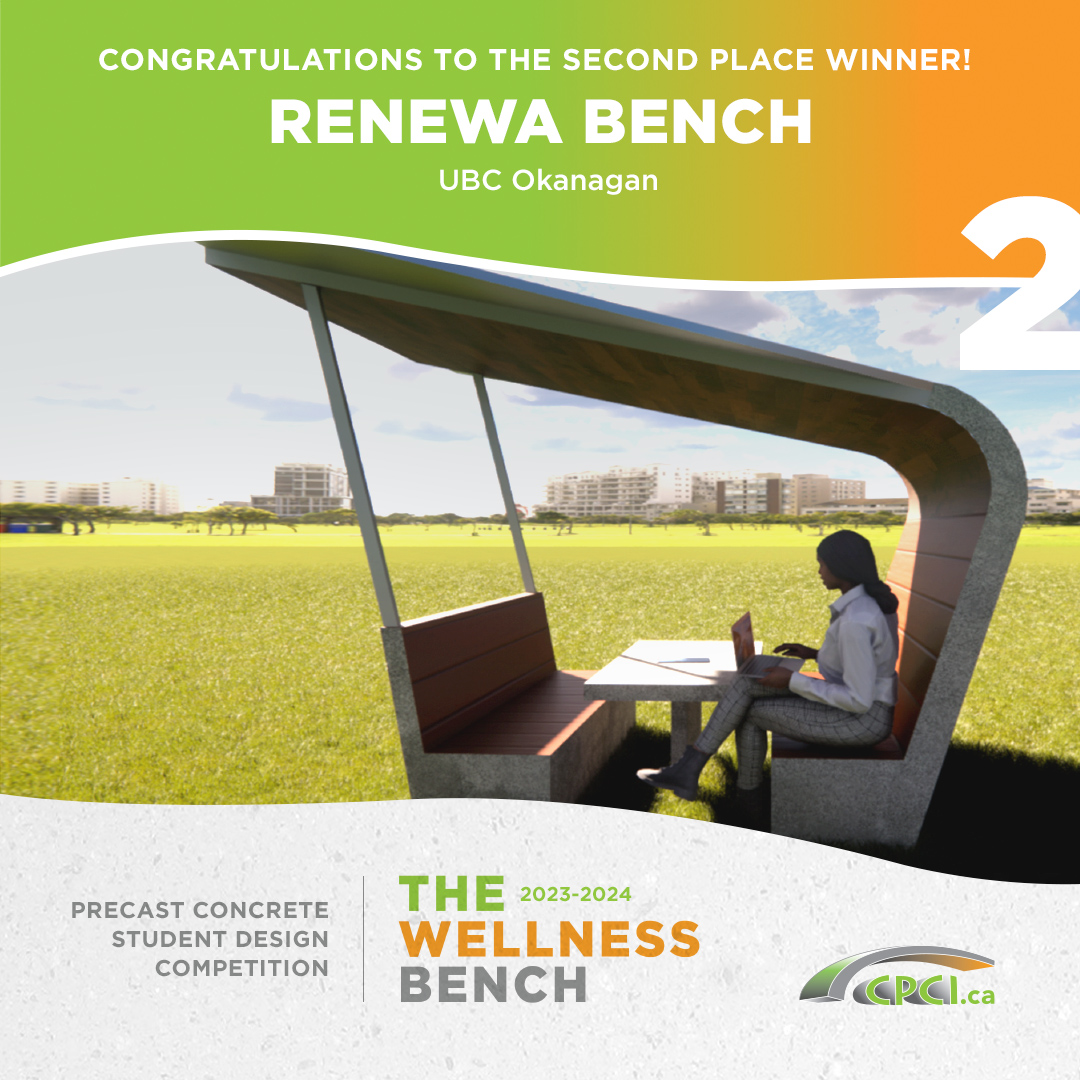 Let’s hear it for the Renewa Bench team from @ubcokanagan for winning second place as part of the 2023-24 CPCI Wellness Bench Design Competition! Their creative design integrates solar energy & promotes sourcing local materials & sustainability. cpci.ca/files/news_eve… @UBCOSOE