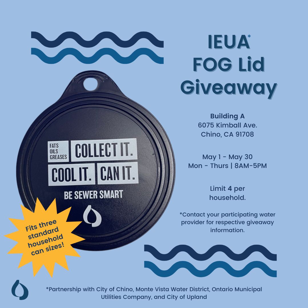 Celebrate #WaterAwarenessMonth by properly disposing of #FOG! Proper FOG disposal benefits household and city sewer systems. Join us all month to conserve our water resources & visit Building A at our Chino Headquarters for a complimentary FOG lid while supplies last!