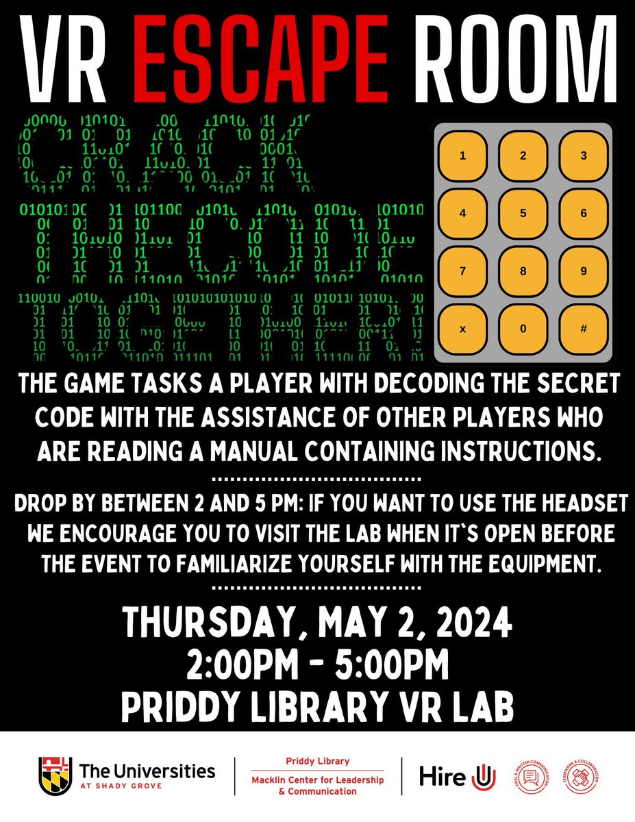 Crack the Code at Priddy Library’s VR Lab! Participate in the VR escape room tomorrow, May 2 to decode the secret code with the assistance of other players. Just drop by between 2 and 5pm to play.