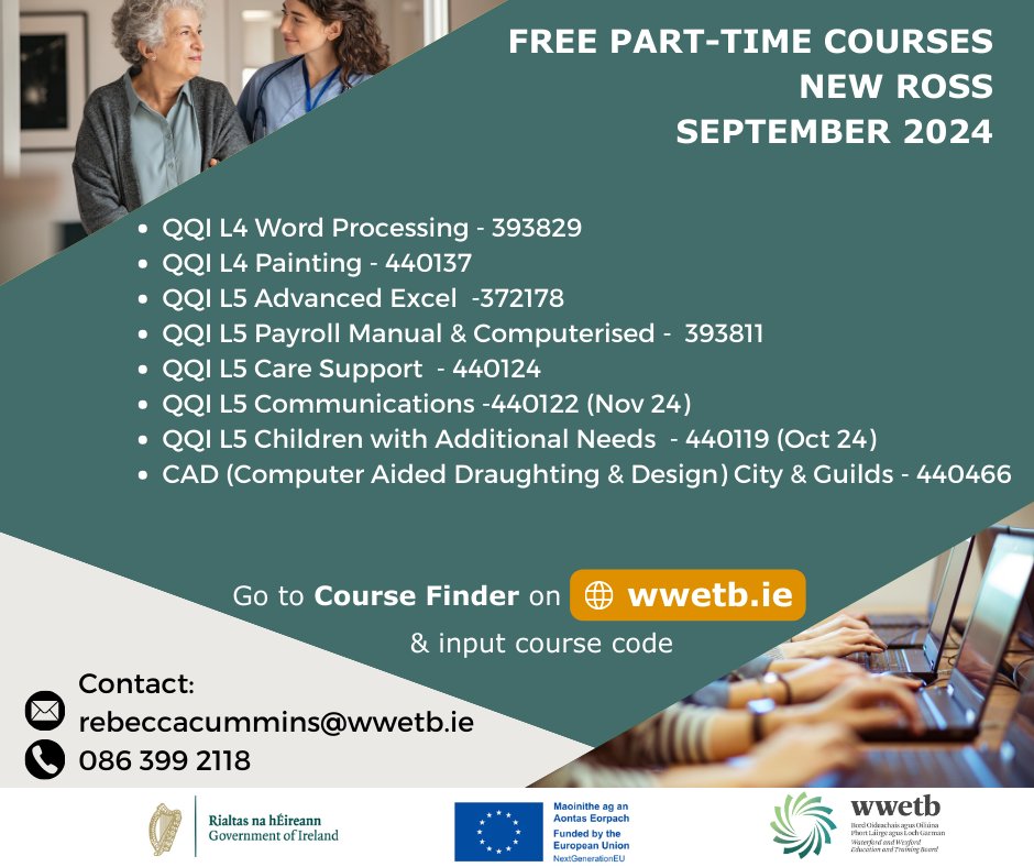 FREE Part-time #WWETB Courses starting Sept 2024 in Michael St FET Centre New Ross.
 For more information contact Rebecca Cummins on
☎️ 086 399 2118 
✉️rebeccacummins@wwetb.ie

#PartTimeLearning
#LifeLongLearning #ThisIsFet