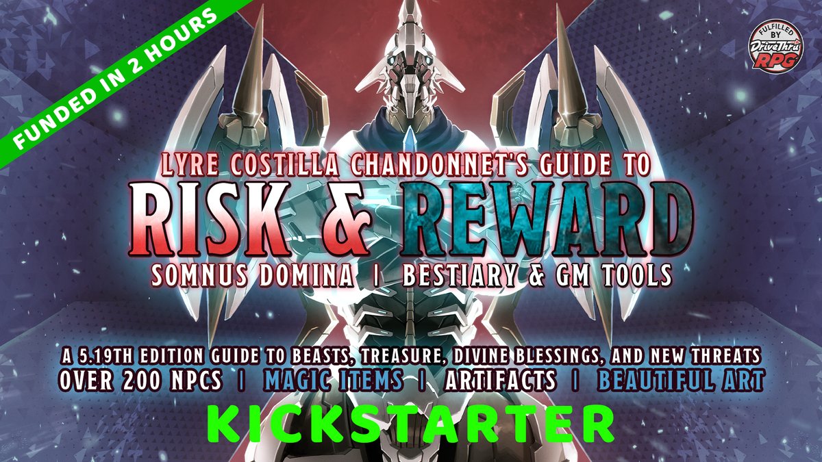 Risk & Reward is funded! The campaign will continue going all month, though, and we have plenty of stretch goals to blow through, so check it out if you haven't already!! kickstarter.com/projects/nat19… #ttrpg #Kickstarter #dnd5e