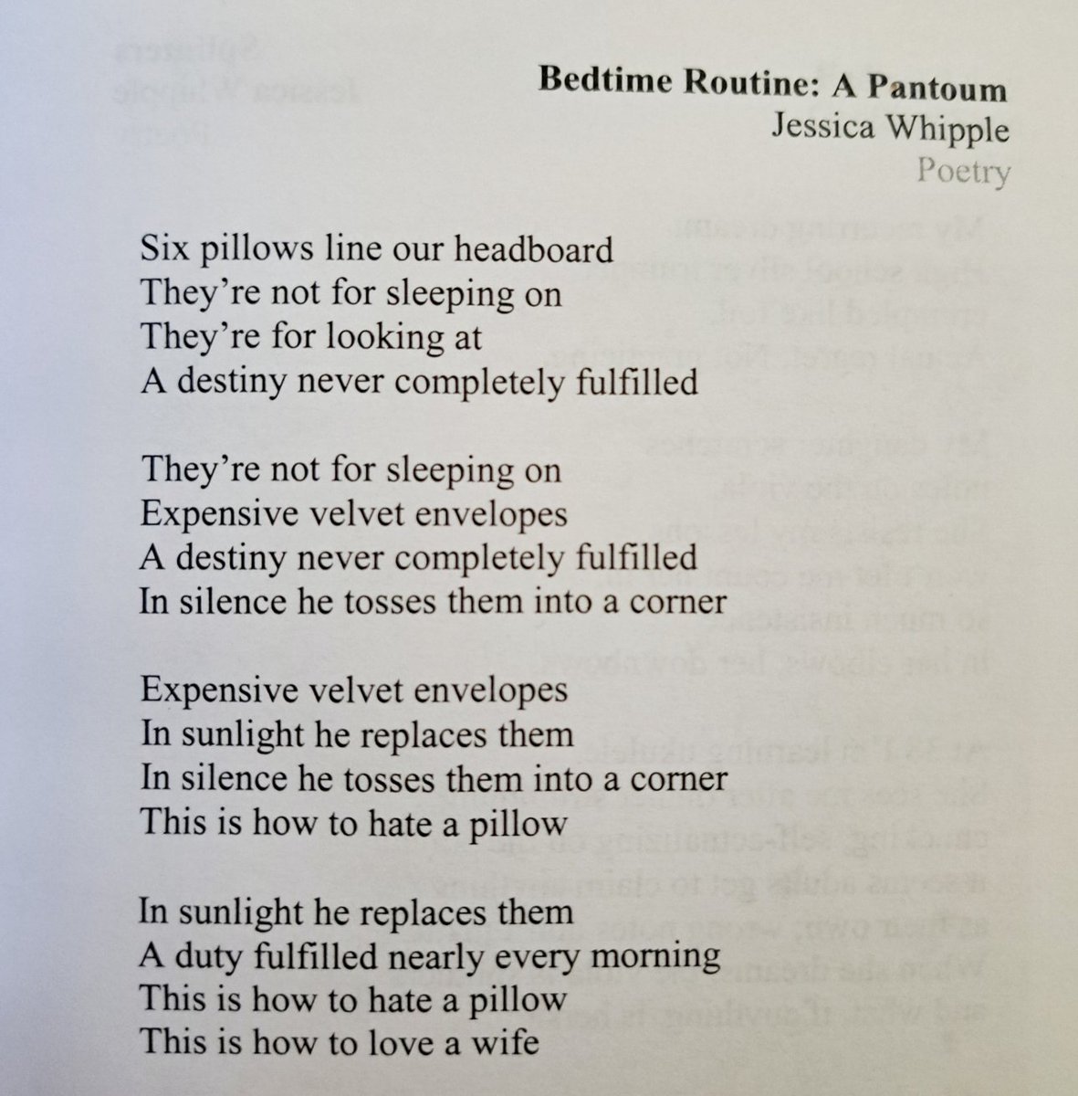 Let's do a poet version: POETS, you can only use ONE poem to convince people to follow you. Which poem are you using? I'll go with 'Bedtime Routine: a Pantoum' which ran in @DoorIsAJarMag (thanku!)