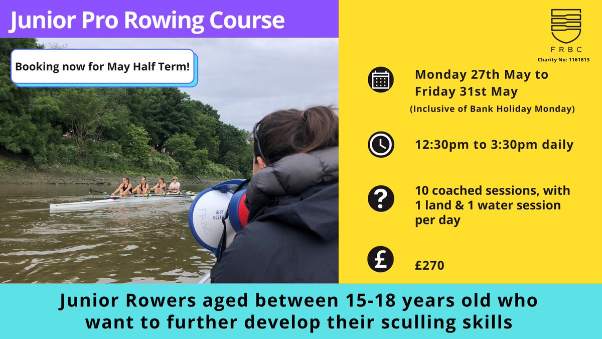 🚣‍♀️ Join our Junior Pro Course this May half-term. Perfect for ages 15-18 who want to further develop their #sculling skills. 1 week, 10 sessions to build on technique & fitness in a fun & friendly environment! 📆 May 27th-31st, 12:30-3:30 pm. Book now👇 fulhamreachboatclub.co.uk/booktype1/stag…