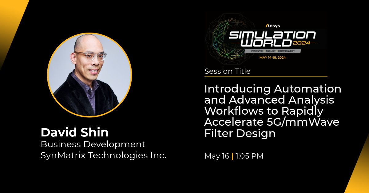 The latest Synmatrix-HFSS #RFFilter design workflows will be covered in this session at the @ANSYS  #SimulationWorld virtual conference. May16th, 1:05pm EST.