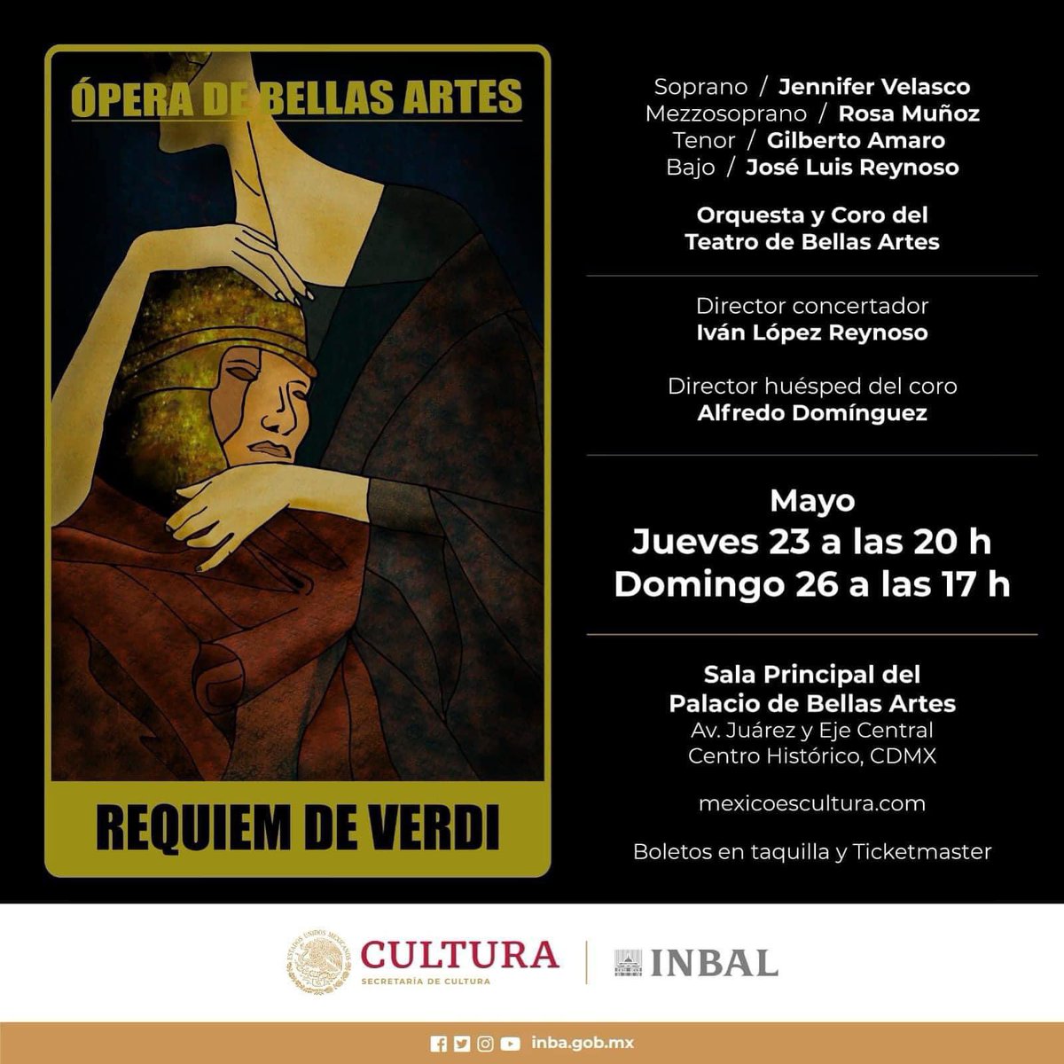 Ven a disfrutar del 𝑹𝒆𝒒𝒖𝒊𝒆𝒎 𝒅𝒆 𝑽𝒆𝒓𝒅𝒊 con la @OperaINBAL y la @otba_inbal. Director concertador: @ivanlopezr_dir Director huésped del coro 𝗔𝗹𝗳𝗿𝗲𝗱𝗼 𝗗𝗼𝗺í𝗻𝗴𝘂𝗲𝘇. 🎟️ Taquilla y tinyurl.com/VerdiOBA