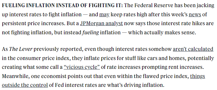 As @davidsirota noted last month: 'The Fed's interest rate hikes are not fighting inflation. They are CAUSING inflation.' levernews.com/sirotas-signal…