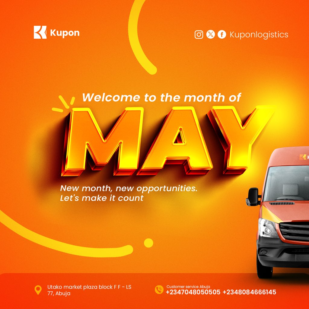 Thank you for your patronage in April, May shall be greater to you and your love ones. 

In Kupon we are here for you anytime any day.

Wishing you Happy workers day and a blessed new month to you all from #kupon

#kuponlogistics
#wedeliver
#hyperlocaldeliveryapps
#sentpackage