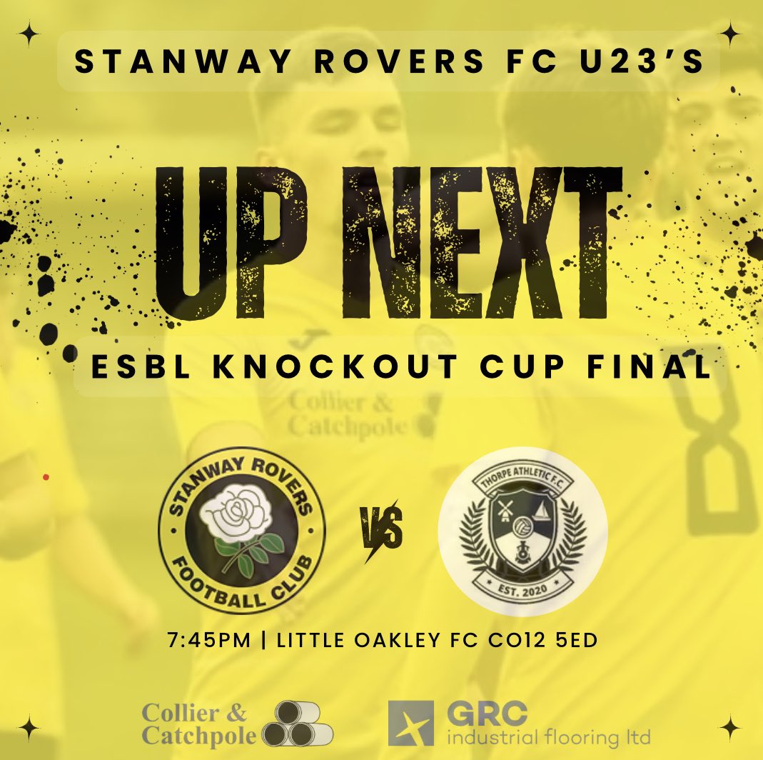 It’s Cup Final Football for the U23s this Friday evening against @AthleticThorpe at Little Oakley FC. A fantastic reward for the young lads, nothing like a bit of silverware to end the season! All the very best boys!! 🏆🖤💛 #WeAreStanway