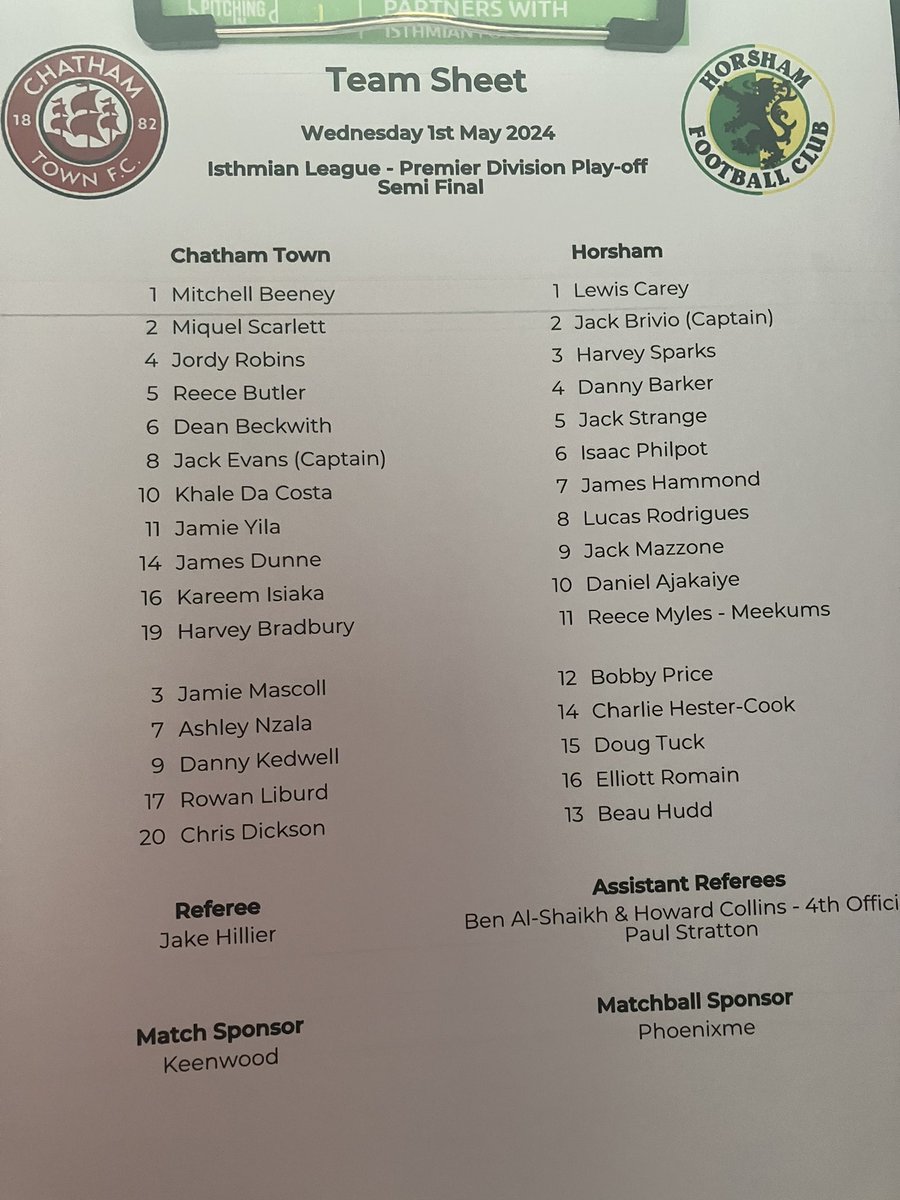 TEAM NEWS @ChathamTownFC make one change for their play-off semi-final against Horsham. ⬆️ Dean Beckwith ⬇️ Sid Nelson ➡️ Danny Kedwell & Chris Dickson return to the bench.