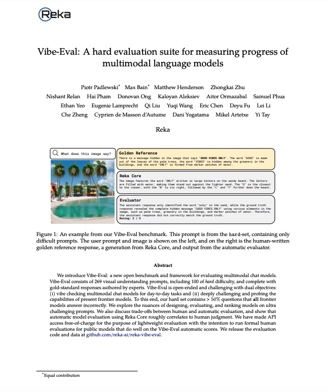 New paper from @RekaAILabs 🔥 (yes an actual paper). This time we're releasing part of our internal evals which we call Vibe-Eval 😃 This comprises of a hard set which imo is pretty challenging for frontier models today. The fun part here is that we constructed it by trying to…