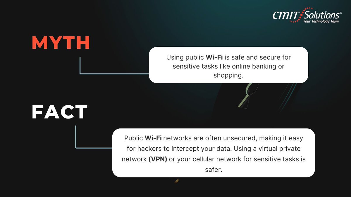 When it comes to online security, the myth that public Wi-Fi is safe for tasks like banking is simply that - a myth. Public networks are vulnerable to hacking, putting your sensitive data at risk. To stay safe, opt for a VPN or your cellular network instead. #OnlineSecurity