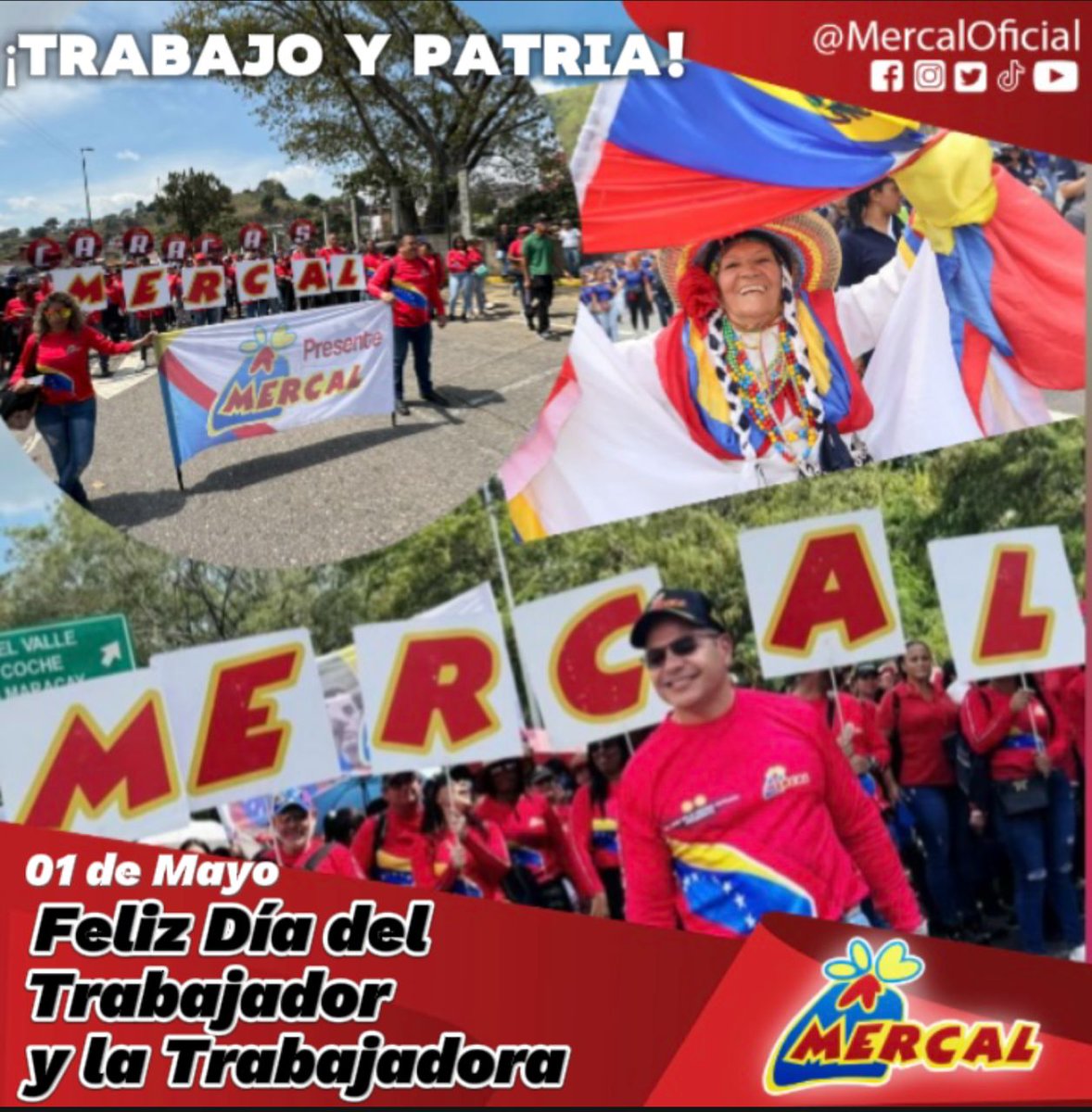 Hoy #1May celebramos el Día del Trabajador y Mercal enaltece la gran labor que realiza la Fuerza trabajadora,quienes han asumido su rol protagónico en la lucha revolucionaria, por ello felicitamos a los que laboran día a día para lograr la excelencia junto al Gobierno Bolivariano