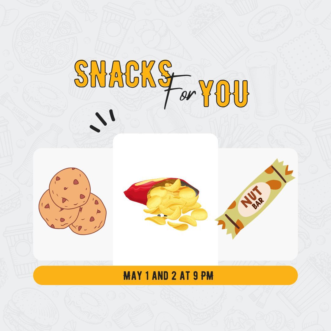 SawLib's tweet image. Snacks! Grab a snack tonight and tomorrow night at 9PM.  Refuel for the final push!
#finals