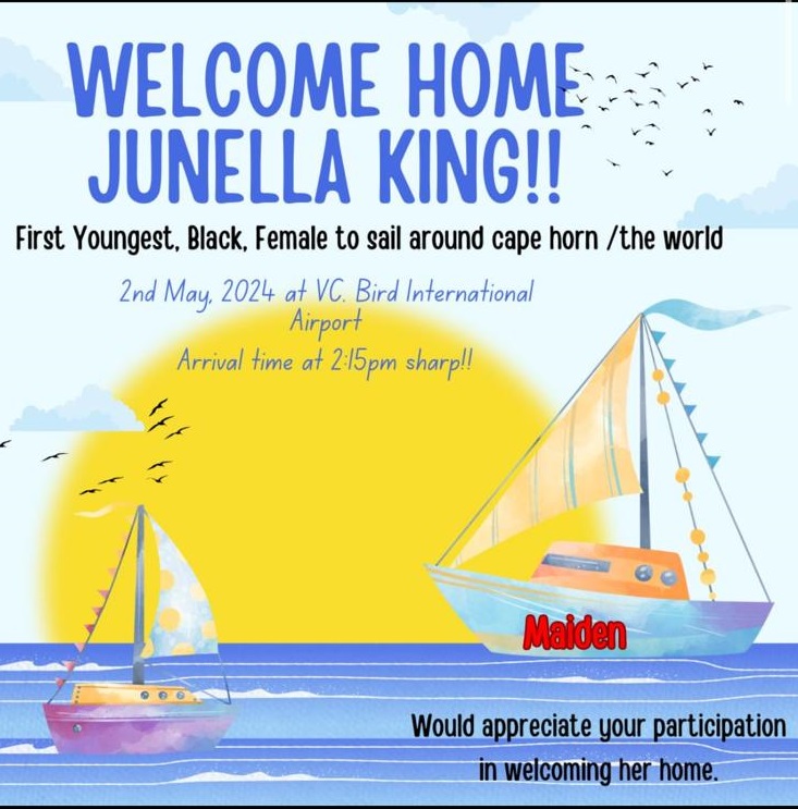 Superstar Junella King will be arriving at Antigua VC Bird International Airport at 14:15 2nd May if you are in #Antigua and would like to welcome her home in style!! Banners welcome! <a href="/maidenfactor/">The Maiden Factor</a> <a href="/AntiguaYC/">Antigua Yacht Club</a> <a href="/antigua/">antigua</a> <a href="/antiguabarbuda/">Antigua & Barbuda</a> <a href="/ABHCUK/">Antigua and Barbuda High Commission, UK</a> #GirlPower