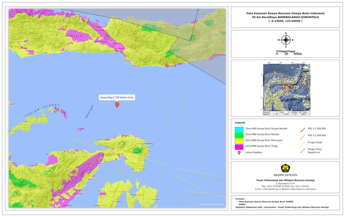 Terjadi #GempaBumi 85 km BaratDaya BONEBOLANGO-GORONTALO.kedlmn 16.0Km,Zona:Luar Zona Peta KRB Gempabumi.Cek Analisis Geologi Gempabumi Signifikan vsi.esdm.go.id Dibuat Secara Otomatis oleh #PVMBG #BadanGeologi Parameter gempa: BMKG