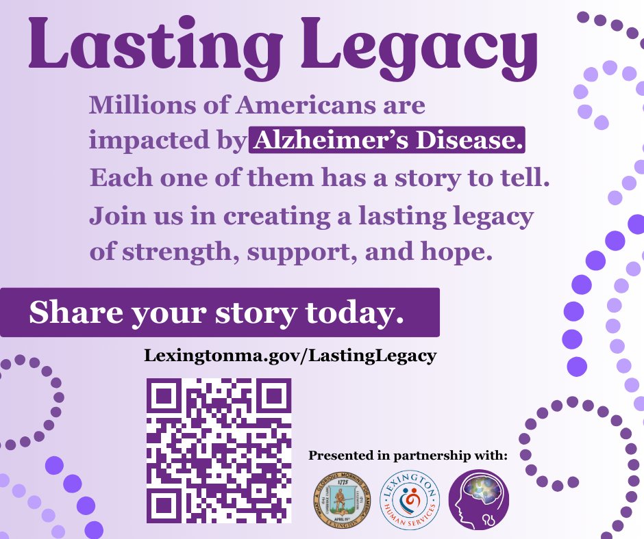 Lexington proudly supports the fight against #Alzheimers Disease💜 In recognition of Alzheimer's Awareness, we're asking those who have been impacted by the disease to share their story - as a show of strength and hope. #EndALZ Share your story today: lexingtonma.gov/LastingLegacy