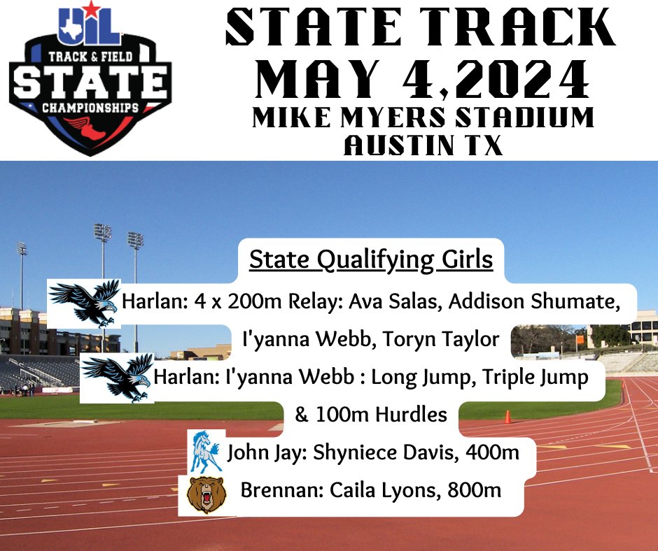 GOOD LUCK AT STATE! Good Luck to our State Qualifiers! @NISD @Soto_TF @HarlanHawk_GTR @ocpanthertrack @John_JayTrack @WARREN_TFXC @taftboystrack @HarlanHawks_BTR @BrennanTrack