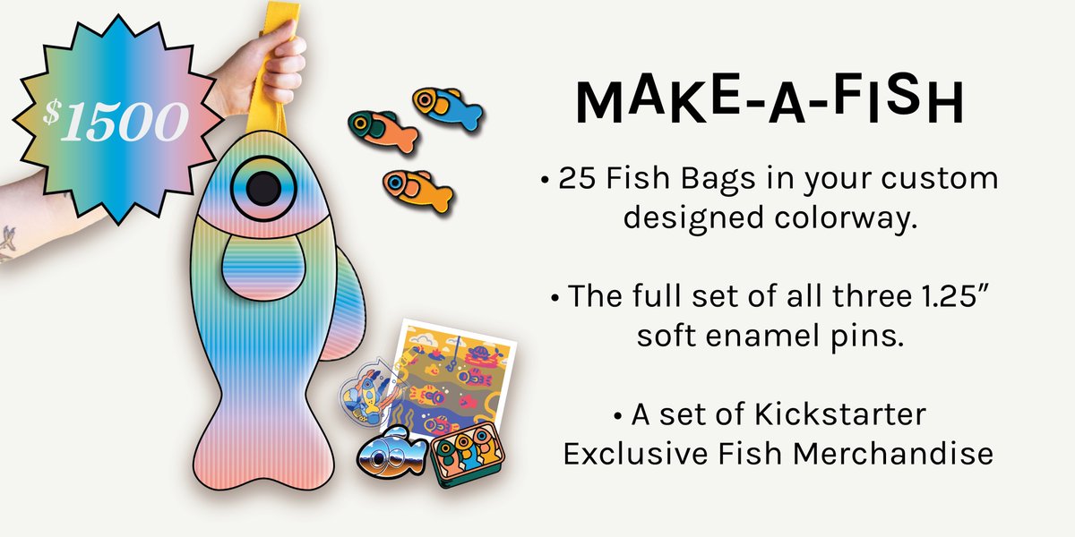 We've met... every stretch goal! Thank you so much I obviously did not expect this! I'm shocked! I'll get to work thinking of some more fun goals... In the meantime we have some Make-A-Fish spots available if you would like to sponsor a custom color way!