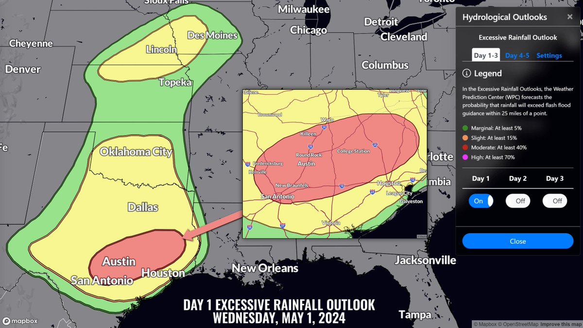 There is a moderate risk (level 3/4) of excessive rainfall today across parts of central and eastern Texas! Multiple rounds of heavy rainfall over already saturated soils will lead to flash, urban, and river flooding. #TXwx