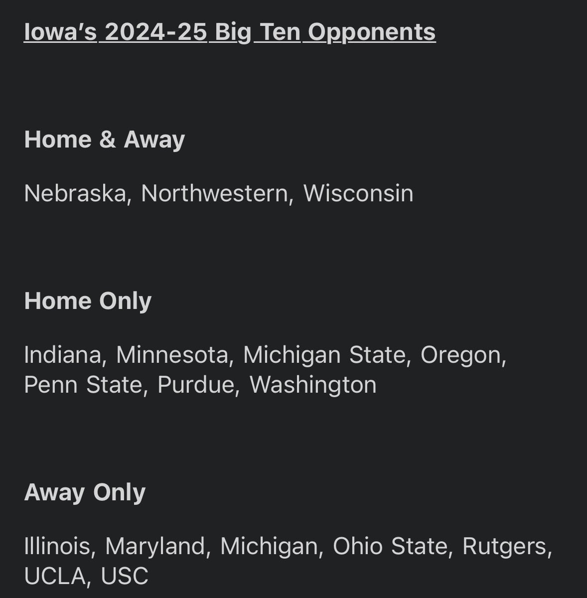 Iowa MBB Big Ten opponents in 2024-2025. If you told me five years ago that the Hawkeyes would soon play Oregon in Carver as a conference game, I would have laughed in your face. Still pretty weird.