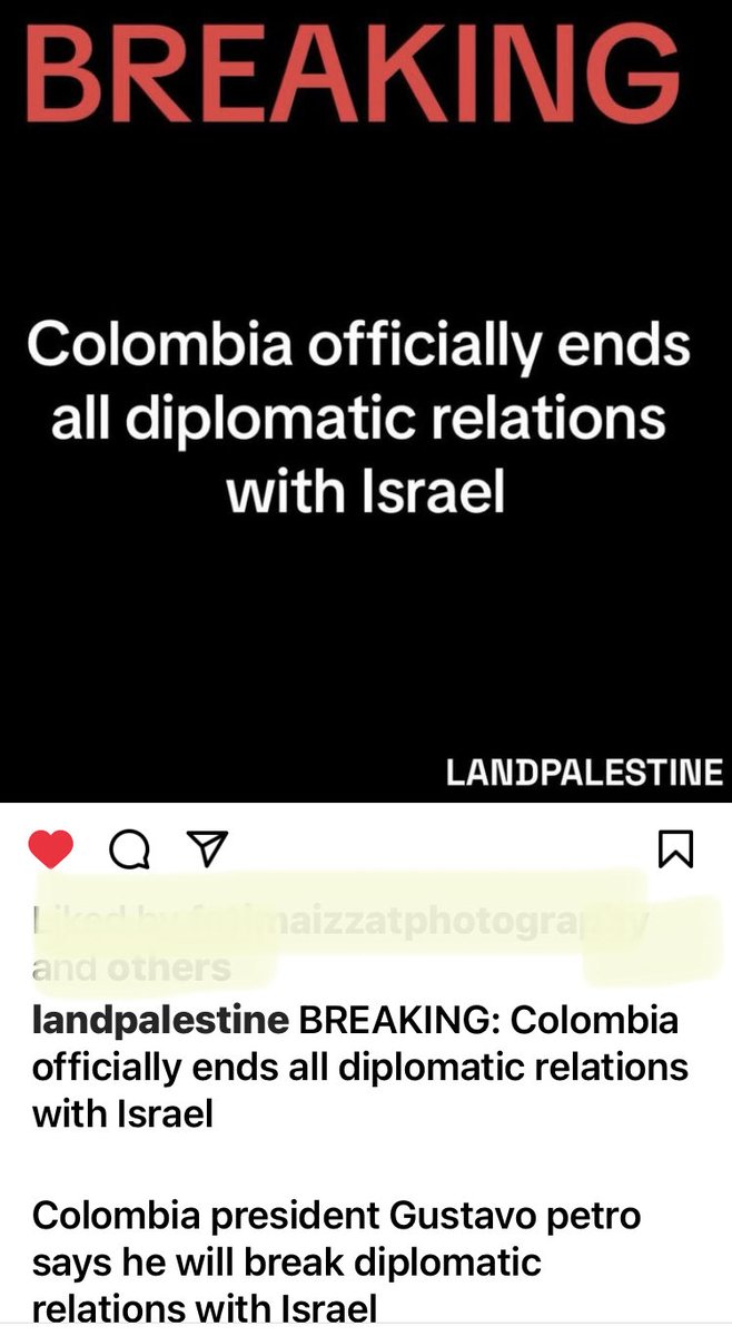 Columbia has ended all diplomatic relations with Israel due to the genocide. Most people don’t like genocide. #FreePalestine