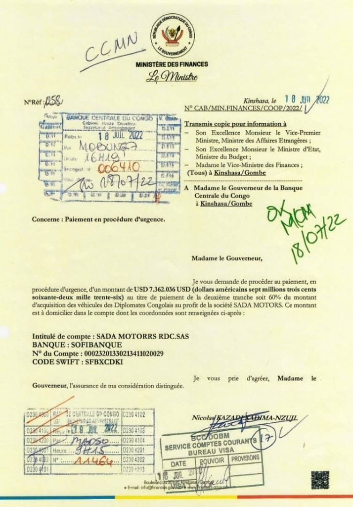 #RDC ! FINANCES : Nicolas @nskazadi a payé toujours en procédure d'urgence 8 millions à son petit frère pour achat véhicules. Après les affaires 13 millions $ pour lampadaires, 71 millions$ pour forages, 27 millions $ domages-intérêts à Kasenga;[ Documents] Le ministre des…