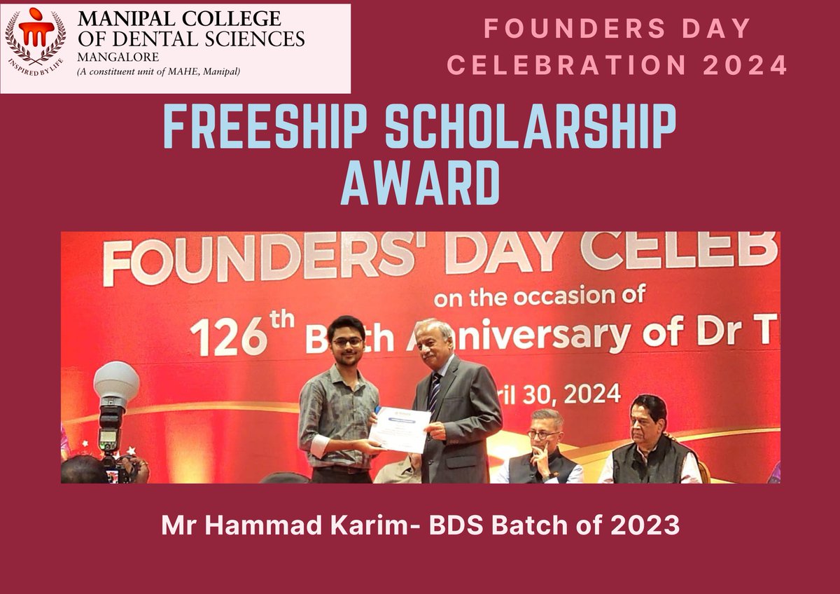 Heartfelt congratulations to Mr. Hamad Karim, Batch of 2023  on being awarded the Freeship Scholarship on the occasion of the 126th Birth Anniversary of our founder, the Late Dr. TMA Pai
#mahemanipal #mcodsmlr #mahe_manipal #mcodsmangalore