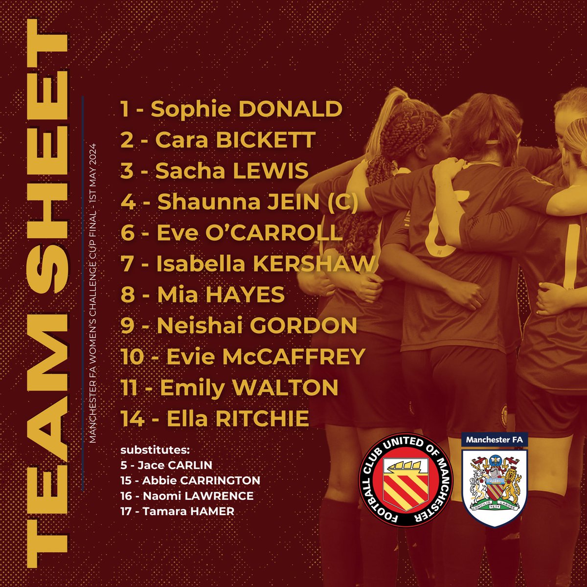 Your starting line up tonight as we battle it out for silverware - follow along right here via our Twitter/X page, tune into @fcumradio or watch the @Manchester_FA livestream on YouTube and show your support! ⚽️🔥