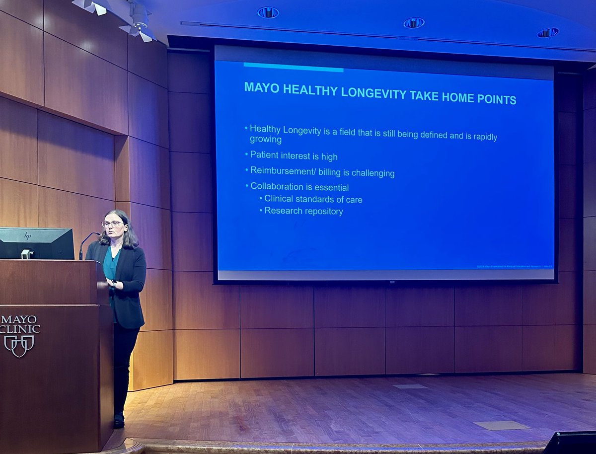 Check out our awesome🌟APD Dr. Sara Bonnes as she delivers Medicine Grand Rounds today on the emerging field of healthy longevity! @BonnesSara @CaThompsonMD @MayoClinicGIM