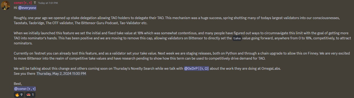 What's up everybody! Big news: TAO-Validator.com will set its validator take to 9% (50% of what it is today and in line with what we've been handing out with the monthly bonus since day 1) Please see the visual below for the update on this from the @opentensor Foundation.…