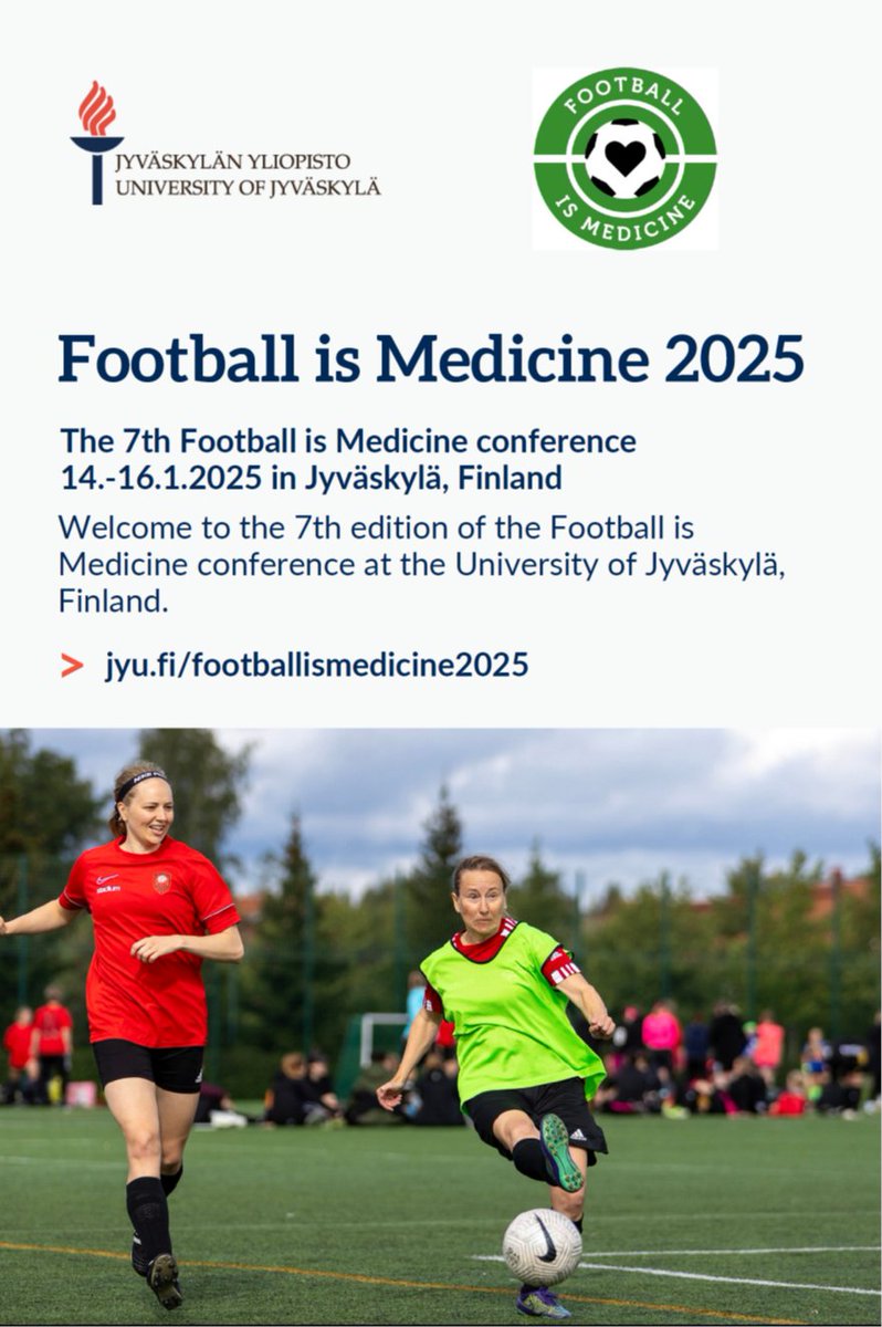 Football is Medicine 2025. The 7th Football is Medicine conference will be held in in Jyväskylä, Finland, Tue Jan 14 - Thu Jan 16, 2025. Welcome to the 7th edition of the Football is Medicine conference at the University of Jyväskylä, Finland. Read more: jyu.fi/footballismedi…