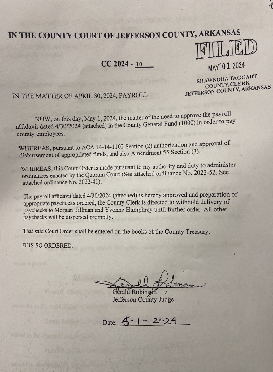 Jefferson County judge told us he is signing off on the payroll. Pay will be distributed by paper checks. He filed a court order to have the County Clerk hold the paychecks of 2 employees. We are waiting to hear from County Clerk since this has been filed. @KARK4News @FOX16News