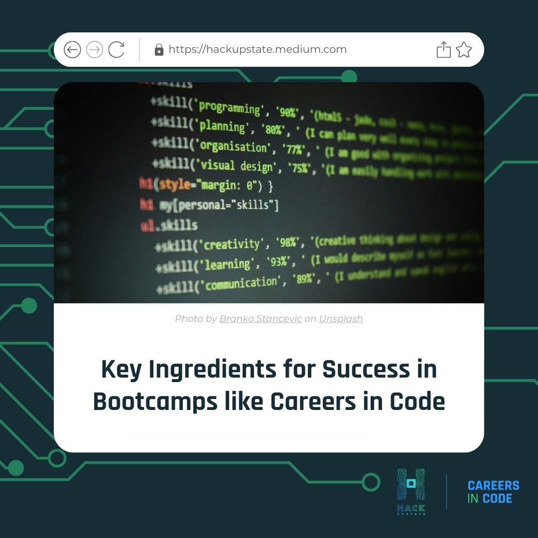 hackupstate's tweet image. Ready to supercharge your coding journey? Check out this must-read blog post on the key ingredients for success in bootcamps like Careers in Code! Read the latest blog post from our Career Coach, Laura Thorne, here: conta.cc/4aWPbqV

#hackupstate #careersincode #bootcamp