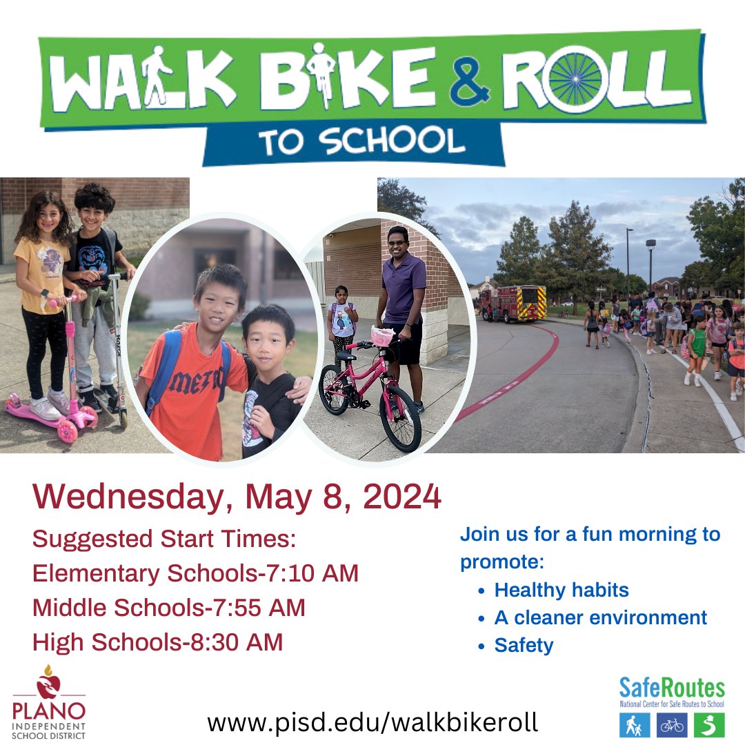 Are you ready to roll?!

We're 1️⃣ week out from National Walk, Bike and Roll to School Day! 🚶🚲🛴

Learn more and plan to join us as we promote healthy habits, a cleaner environment and safe routes to and from school!
pisd.edu/walkbikeroll

#LevelUpPlanoISD