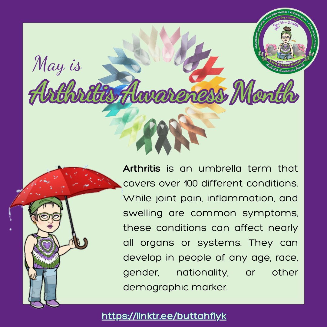 May is #ArthritisAwarenessMonth!

#Arthritis is an umbrella term that covers over 100 different conditions. They can develop in people of any age, race, gender, nationality, or other demographic marker.
~🦋
#AdvocateForArthritis #AiArthritis #ArthritisWarrior #RheumChampion