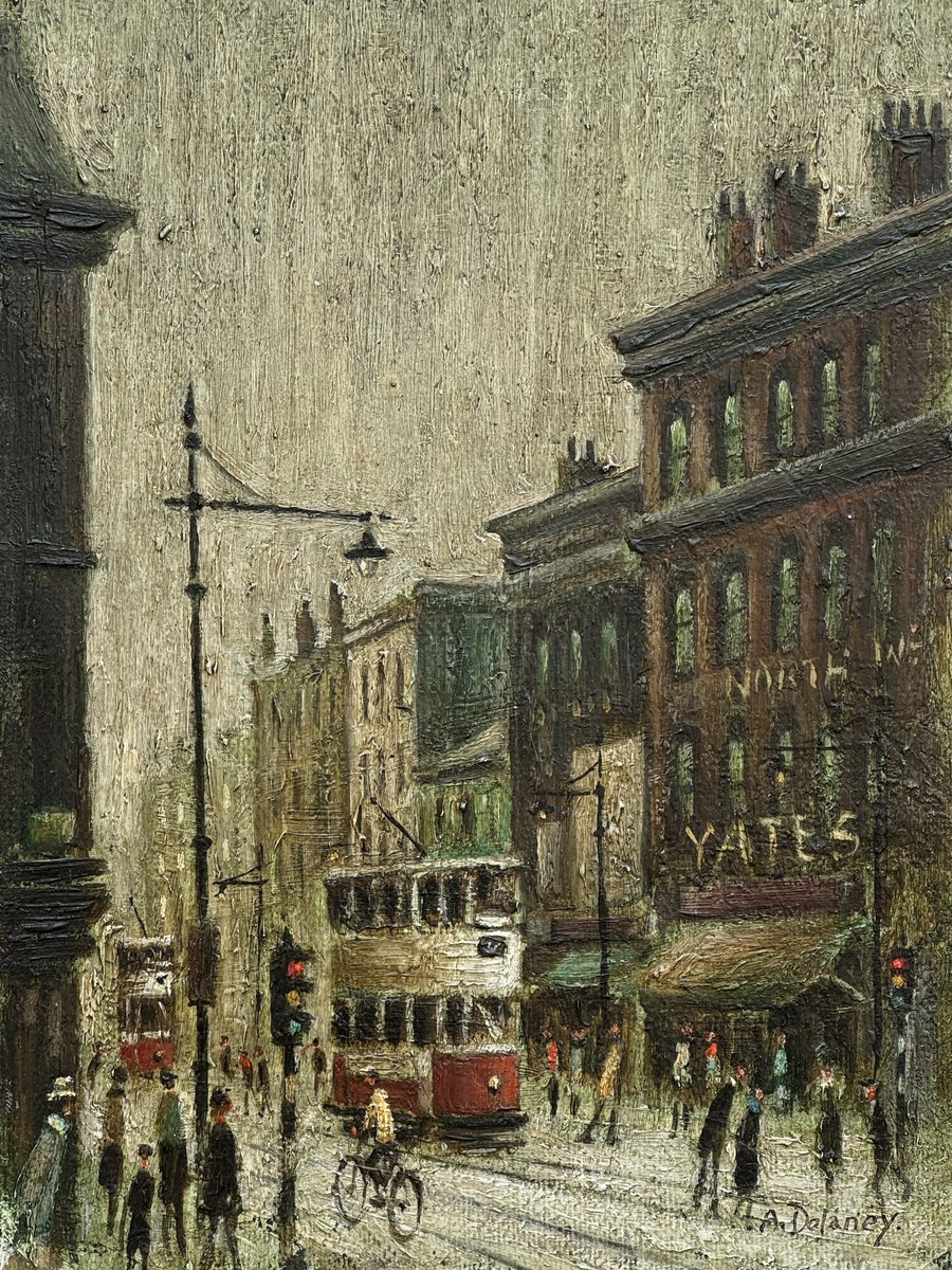 We have just acquired 4 works by the late Arthur Delaney, including this one featuring Yates on Market Street. #arthurdelaney #northernart #trams @GrimArtGroup