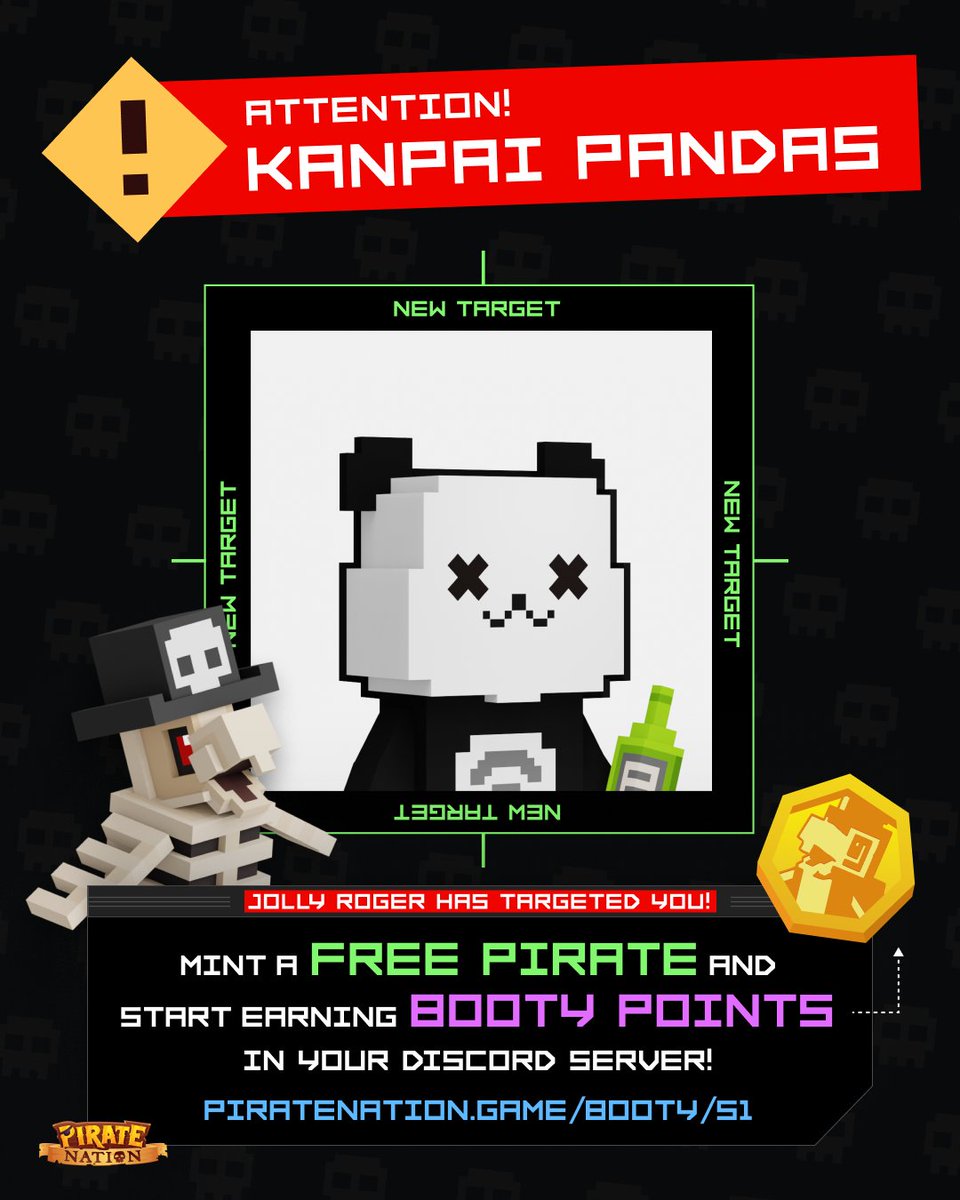 Welcome @KanpaiPandas to the Jolly Roger 🐼🏴‍☠️ For the next 48 hours, anyone holding a Kanpai Panda can mint a free Pirate, join the game, and start earning BOOTY Points. The Kanpai Pandas Discord server is now also open to BOOTY social Piracy!